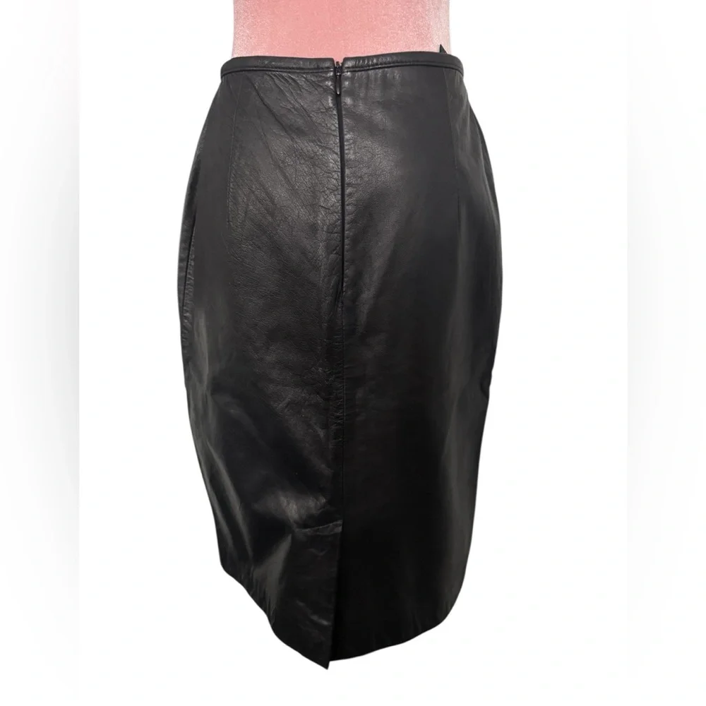 Vintage Ralph Lauren 100% Leather Pencil Skirt Black Old Money Classic Business